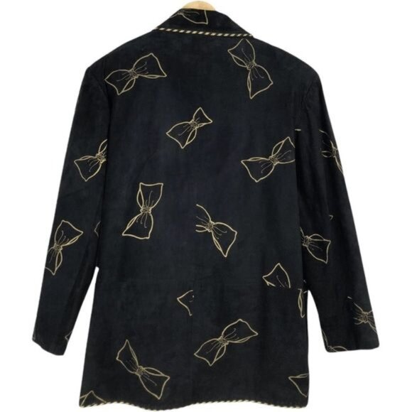 90’s Vintage Black Leather Bow Print Crystal Heart Button Blazer Jacket - Picture 2 of 13